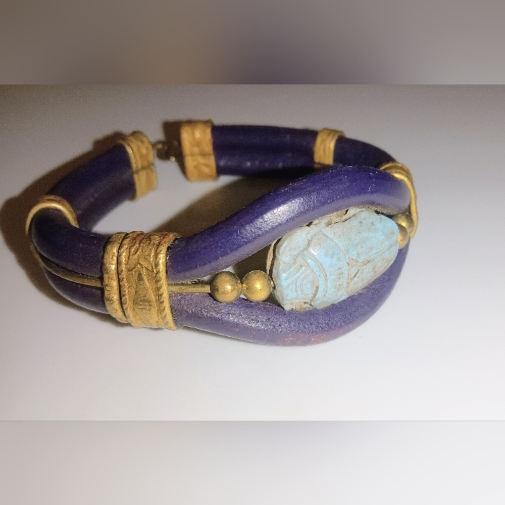 Vintage Egyptian Scarab Purple Leather Gold-Tone Bangle Bracelet 7.5"